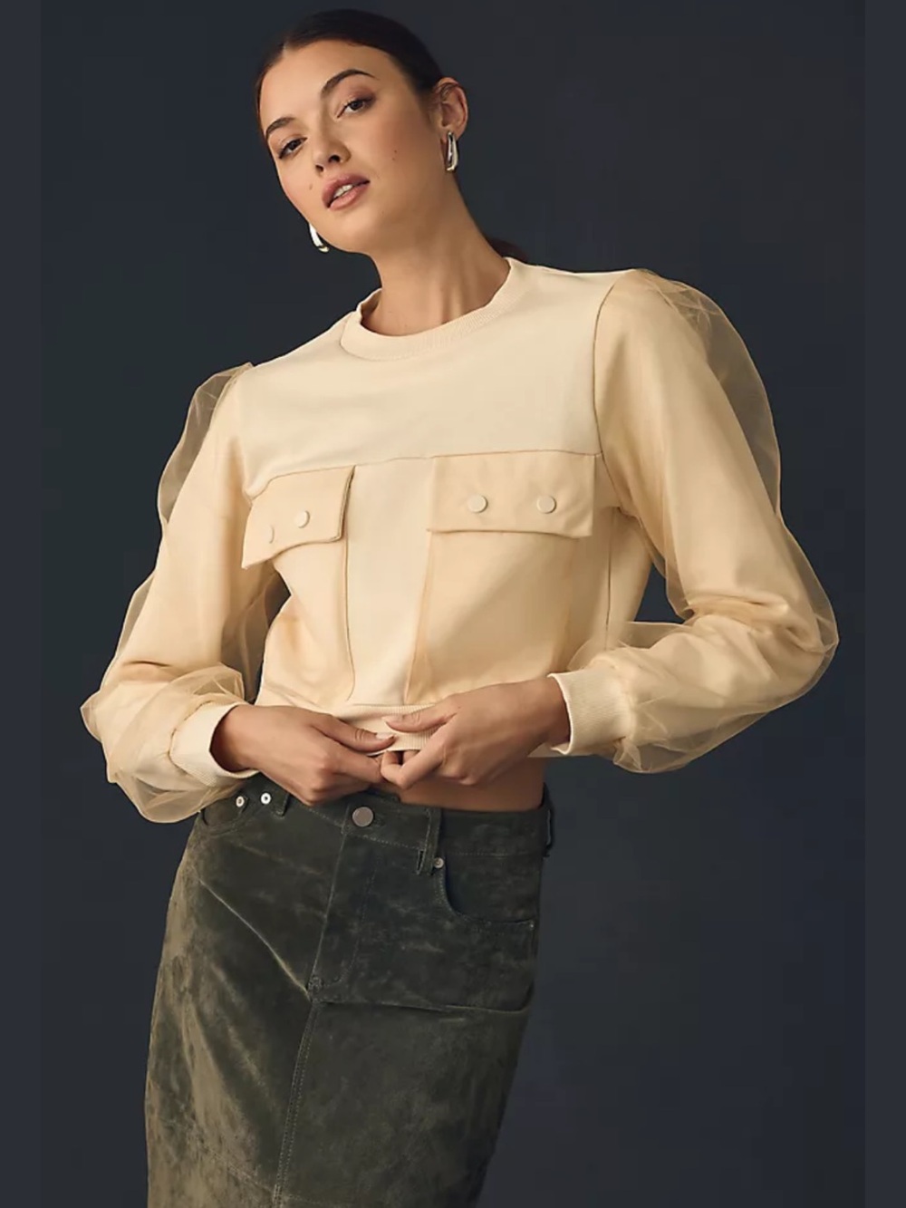 By Anthropologie Utility Pocket Mixed Media Sheer Puff Sleeve Cropped Top Small